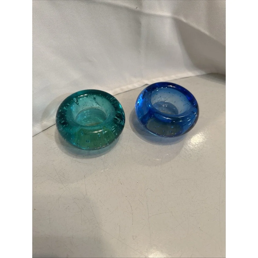 IKEA Bubble Glass Votive Holders Teal Green &‎ Blue Set Of 2